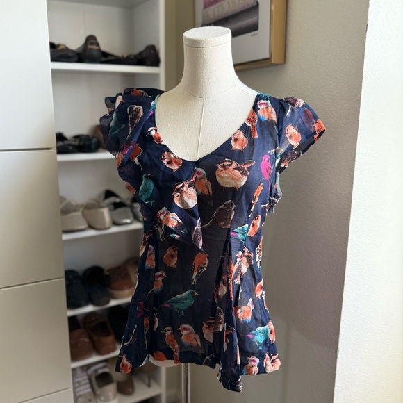 Anthropologie Meadow Rue Animal Kingdom Blue Bird Print Short Sleeve Top Size 6 - Picture 3 of 11